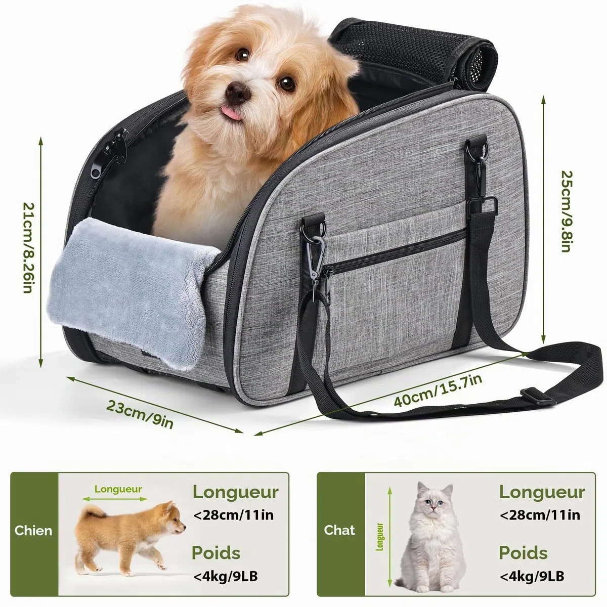 Siège Auto pour Petits Chiens Chats – Console Centrale Siège Auto Chien, Siège Portable avec Double Ceinture de Sécurité et Dessous Antidérapant, Coussin Lavable, Sac de Rangement, Gris