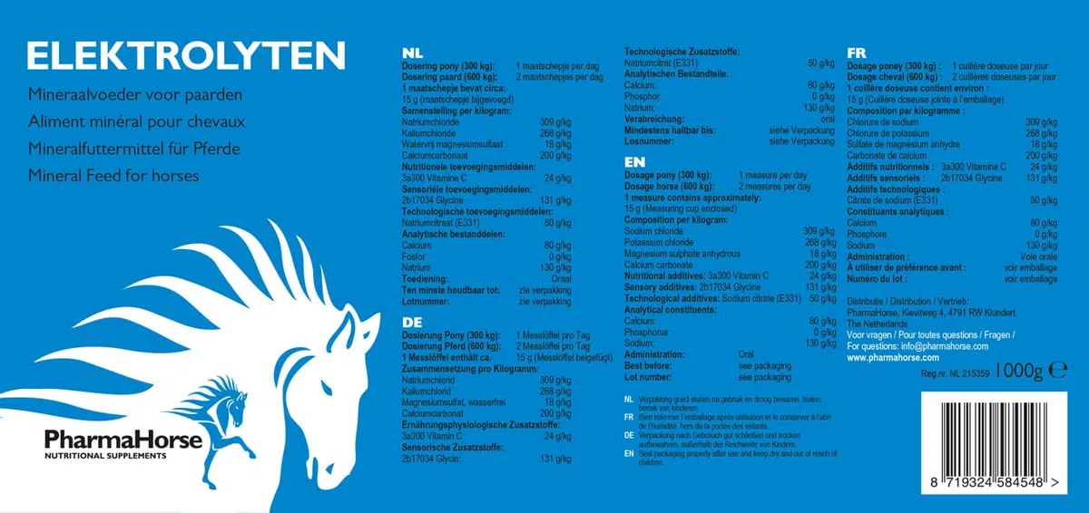 PharmaHorse Électrolytes Cheval | Bonne hydratation| Sels minéraux pour Cheval | Le Fonction Musculaire & nerveuse | Human Grade Quality | 1000 grammes