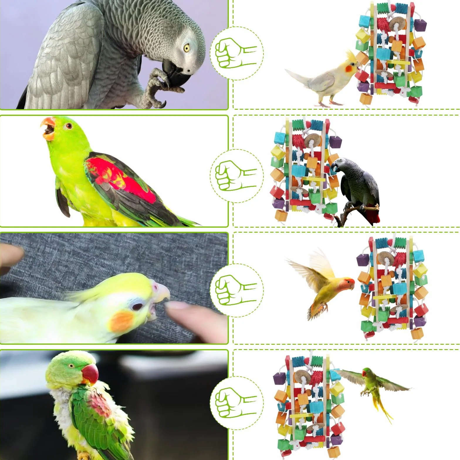 MQUPIN Grands jouets pour perroquet, blocs en bois colorés de différentes formes, 55,9 cm, jouets pour perroquets gris africains, amazons, cacatoès et aras