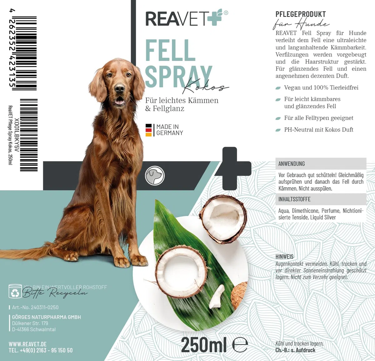 ReaVET Spray d'entretien pour le pelage à la noix de coco 250 ml – Spray doux pour chiens et chats – Spray démêlant & aide au peignage – Avec spray de coco et huile de coco
