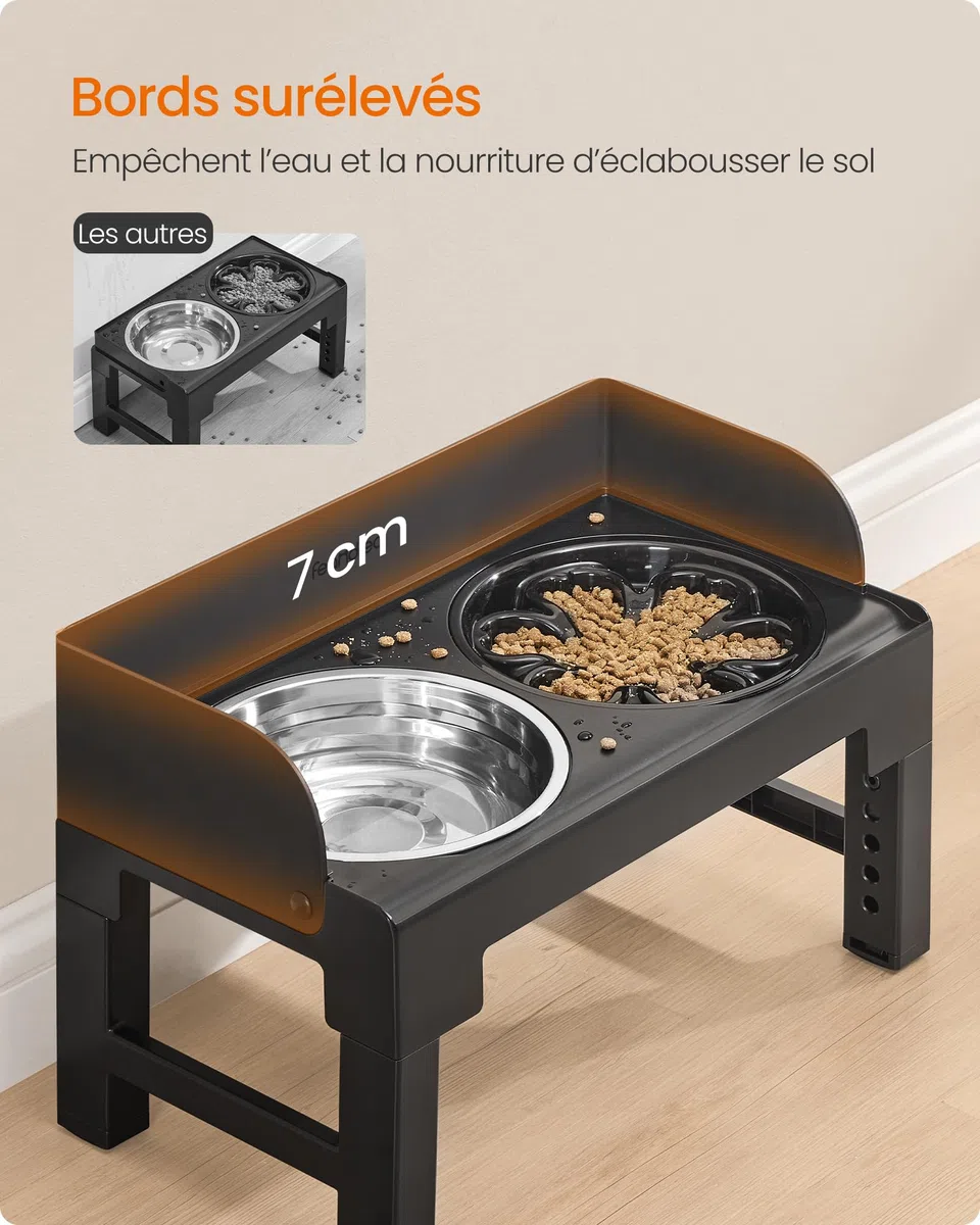 Feandrea Gamelle pour Chien Surélevée, avec Support, Ajustable en Hauteur et Inclinable, Support Gamelle, 2 Bols en Acier Inoxydable 304, 1 Bol Anti-Glouton, Noir d'encre PRB103B01