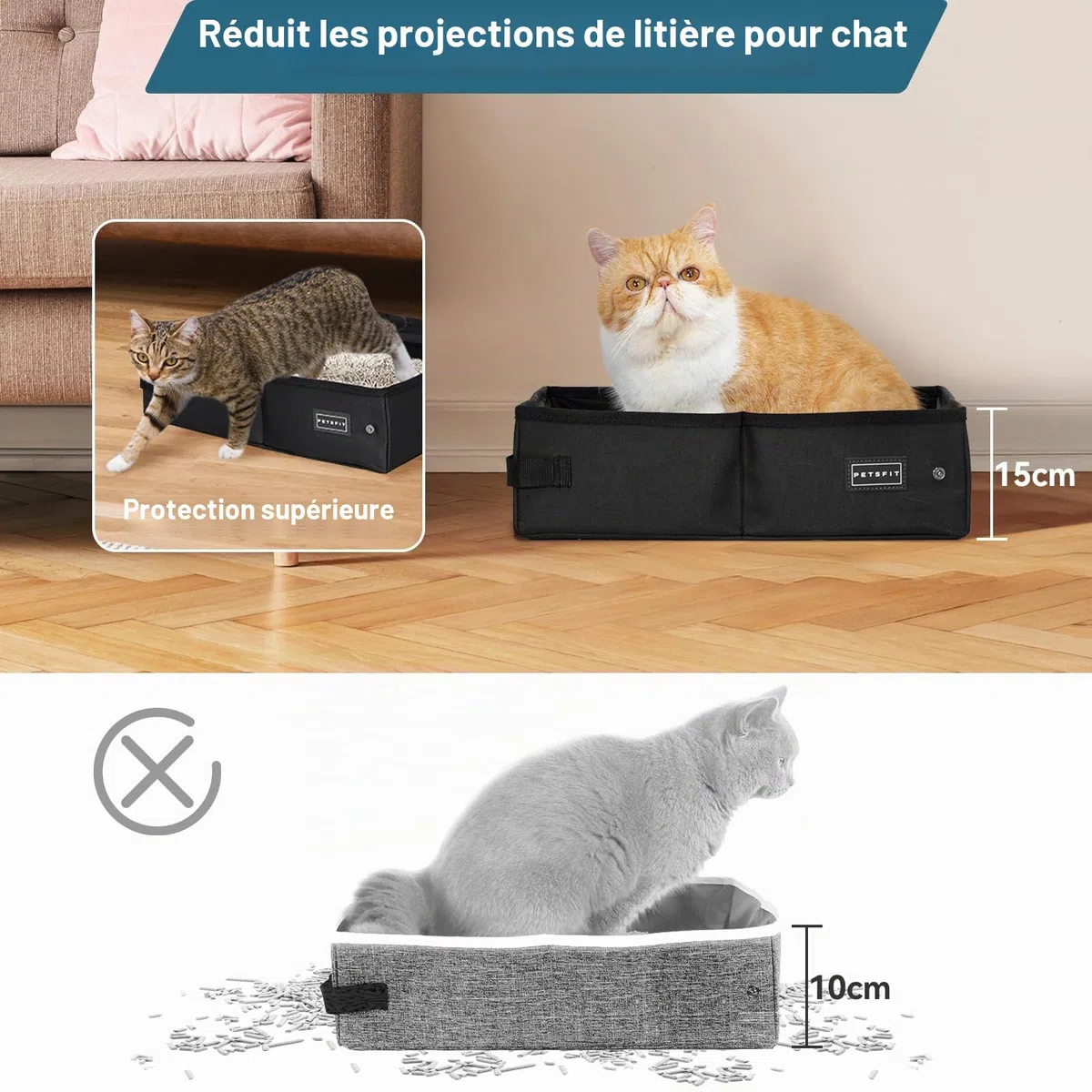 Petsfit Portable Litiere de Voyage pour Chat Pliable, Super étanche, Robuste et Durable, Lavable Bac à Litière transportable Chat pour Maison, Hôtel, Camping,XL Voiture, Bureau