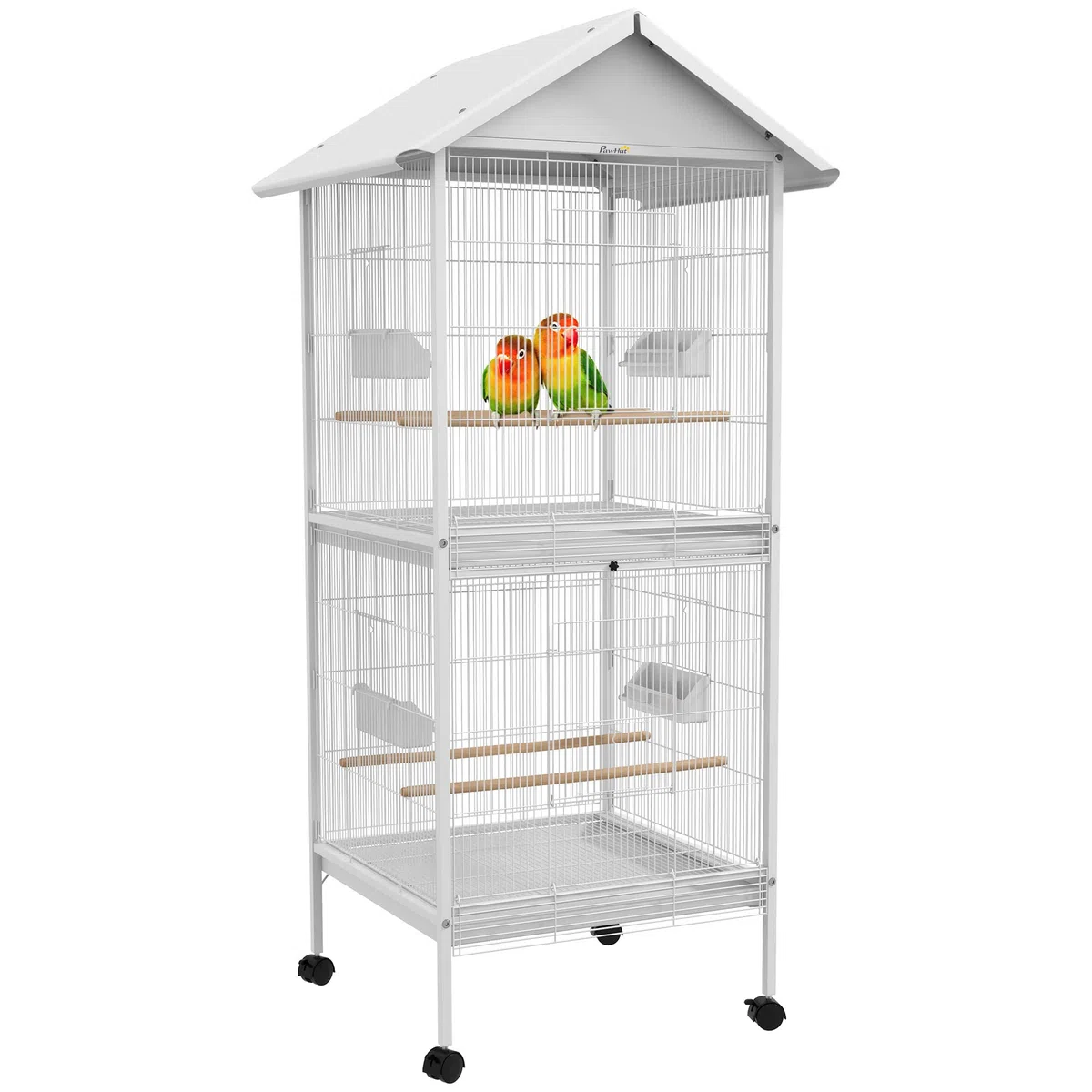 PawHut Volière Cage à Oiseaux sur roulettes Design Maison mangeoires perchoirs Portes Plateaux excréments Amovibles métal Blanc