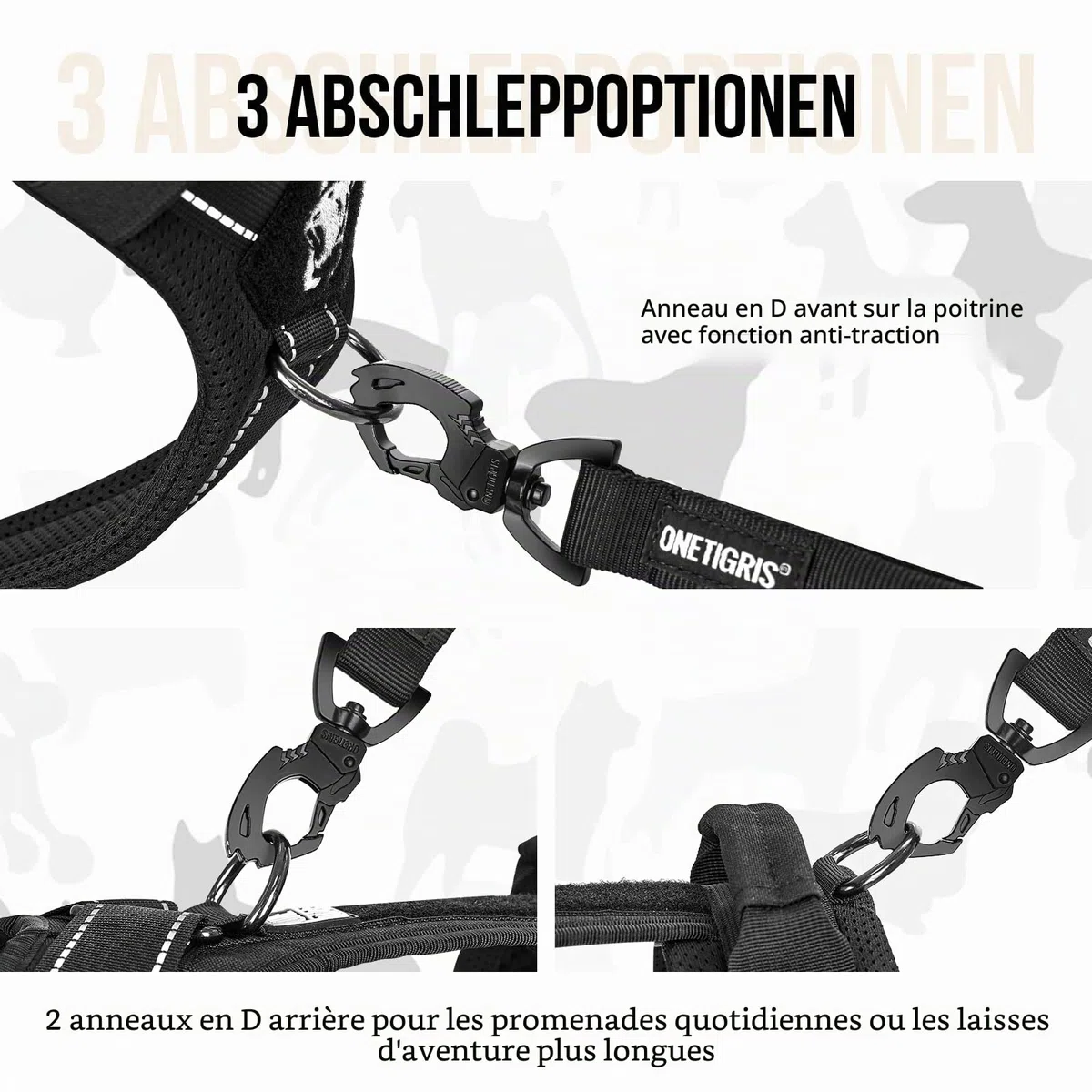 OneTigris Harnais tactique réglable Diesel - Harnais tactique doux et rembourré pour chiens de taille moyenne et grande taille - Avec réfléchissant, 1 poignée, 3 anneaux en D (noir, taille M)