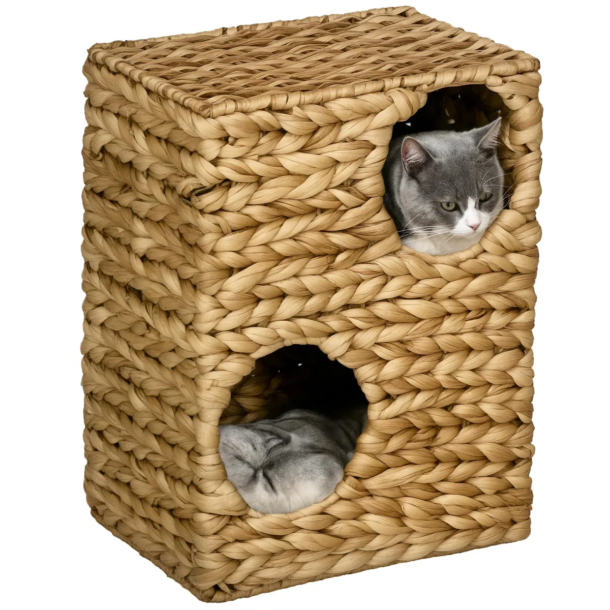 PawHut Tonneau à Chat de 55 cm de Haut avec 2 niches, Coussins lavables, Arbre à Chat, Tour de Chat en Jacinthe d'eau, Marron Clair