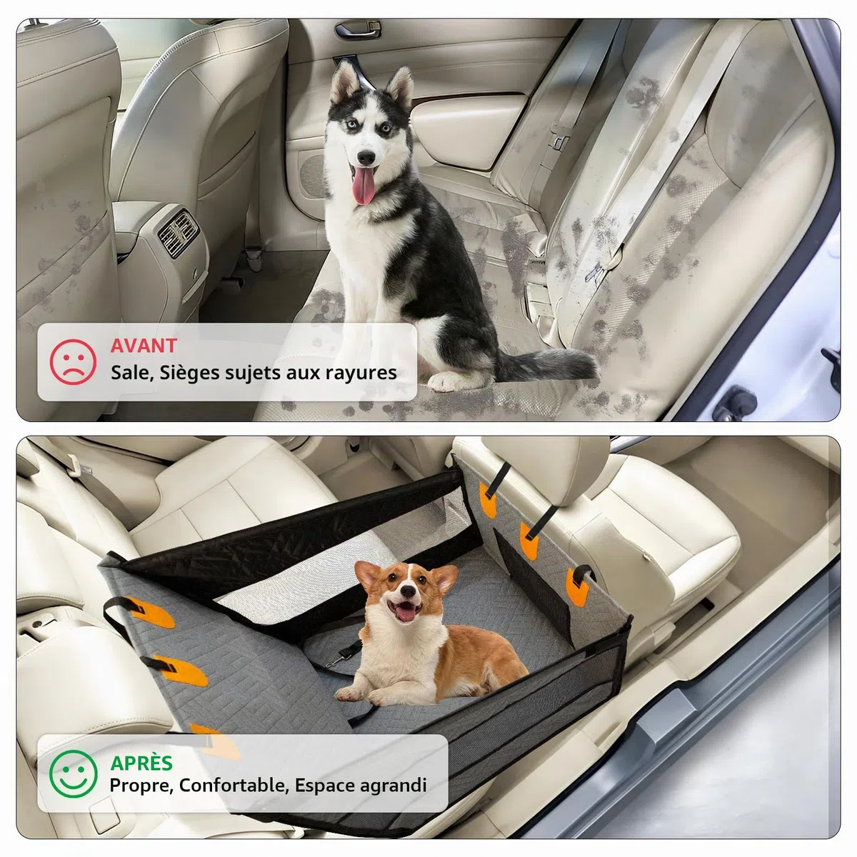 LIROPAU Siège auto extra stable pour chien - Renforcé - Pour chiens de taille moyenne et grande - Imperméable - Siège auto antidérapant pour animaux - Résistant aux rayures - Avec 3 sangles de