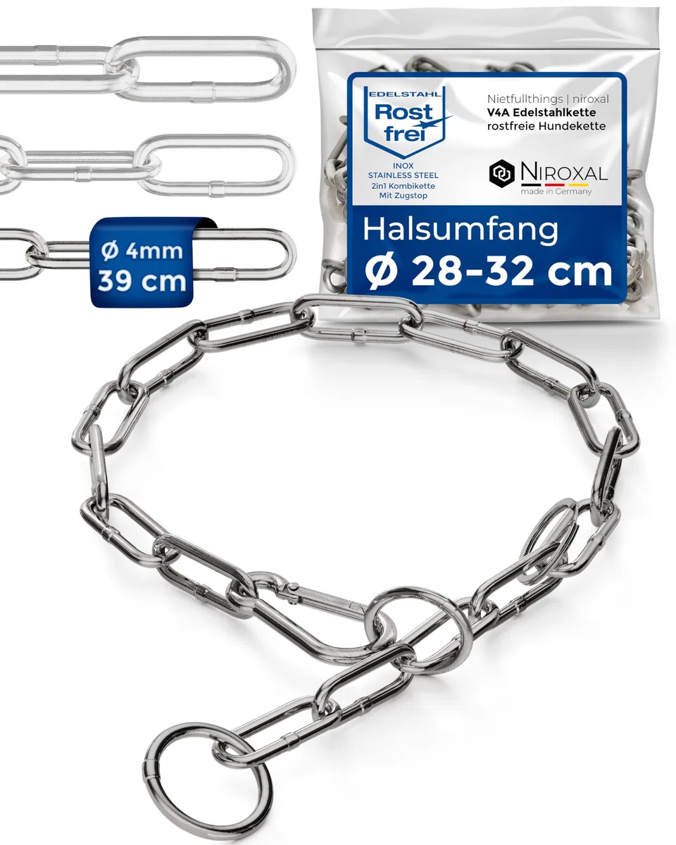 Collier chaîne pour Chien en Acier Inoxydable – Collier combiné avec Mousqueton, Anti-Traction, maillons Longs, 4 mm, 39 cm