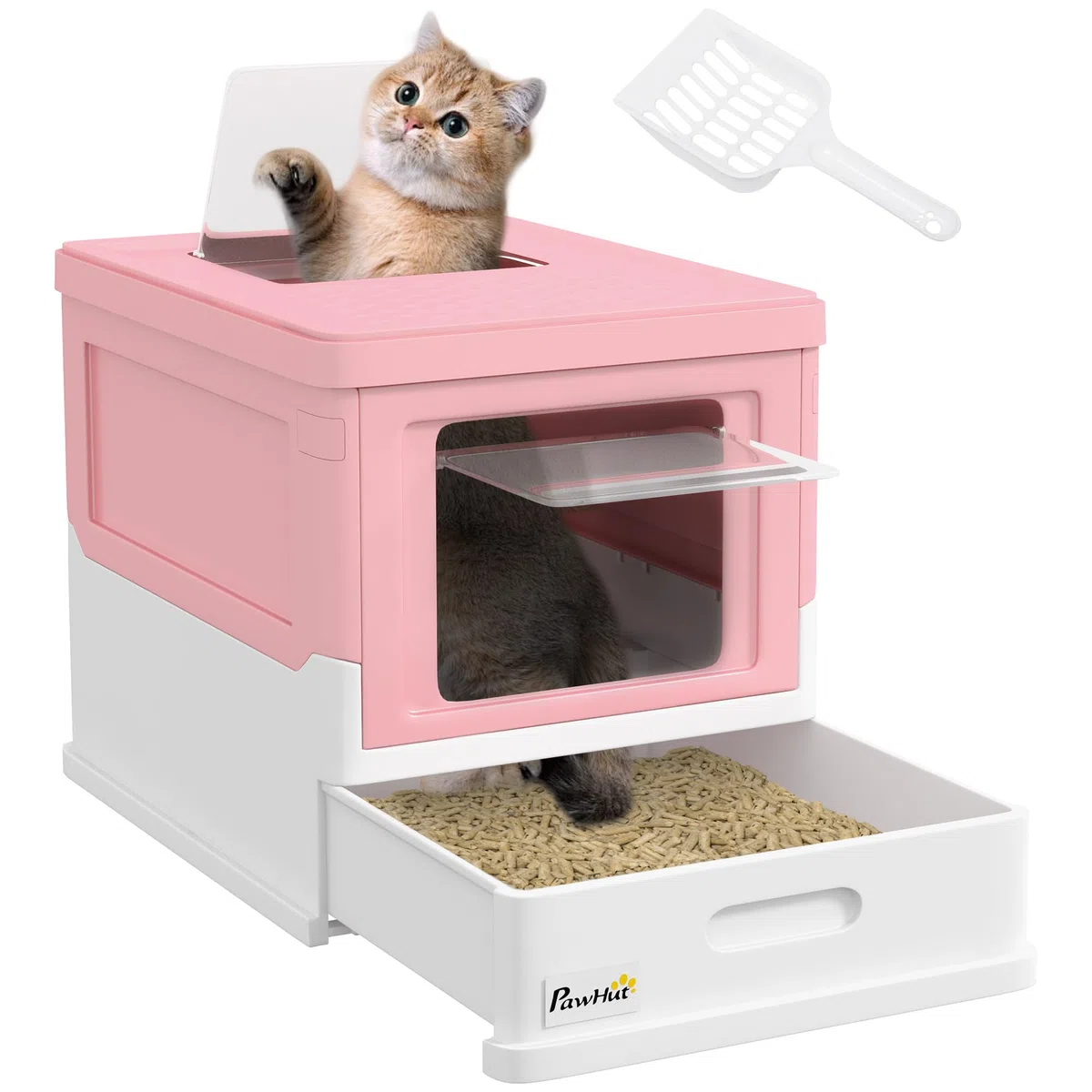 PawHut Bac à litière pour Chat Maison de Toilette fermé Pliable Double Porte battante et supérieure + Pelle + tiroir Amovible Anti-éclaboussures Nettoyage Facile - 47,5x35,5x36,7cm Rose Blanc