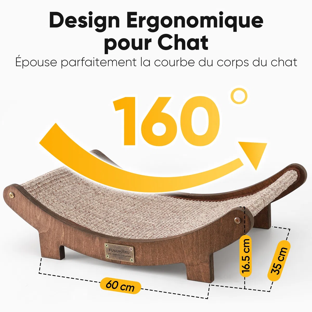 FUKUMARU Griffoir pour Chat, 60 cm Lit de Grattoir Durable d'Intérieur, Grand Coussin à Griffes, Hamac en Sisal Naturel, Chaise Longue avec Cadre en Bois Massif pour Dormir et Gratter, Marron
