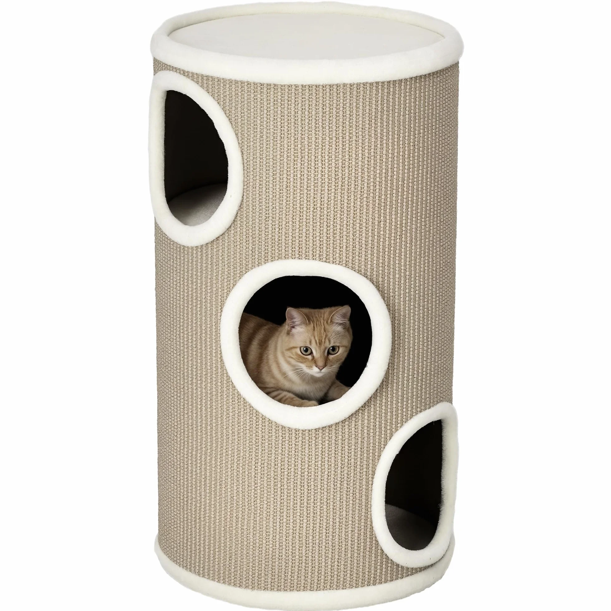 PawHut Tonneau à griffer, hauteur 70 cm, tonneau de jeu pour chats, 3 niveaux, arbre à chat avec 3 cavités, arbre à chat, tour à griffer en sisal, meuble pour chats, peluche, marron