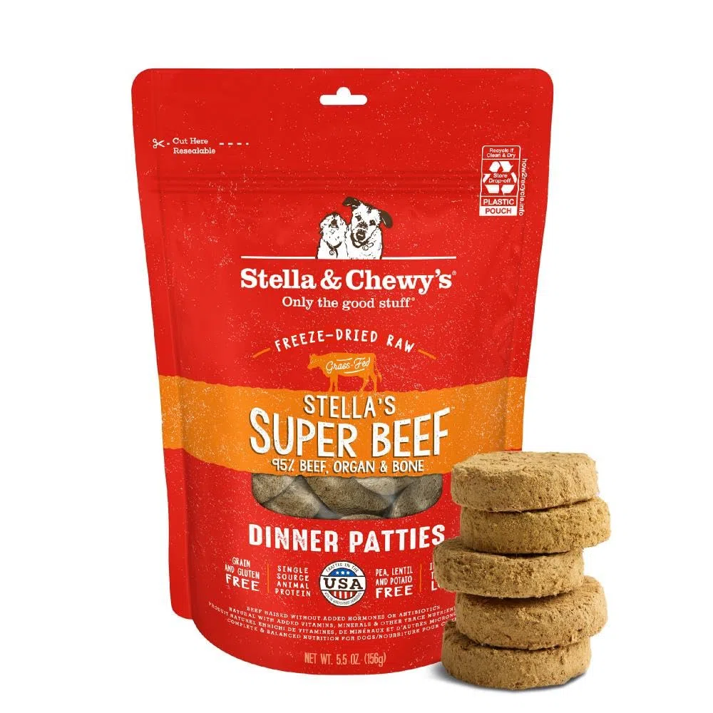 Stella & Chewy's Galettes de Nourriture Crue lyophilisée pour Chien, sans céréales, Riche en protéines, Recette Stella's Super Beef - Sac de 155,9 g