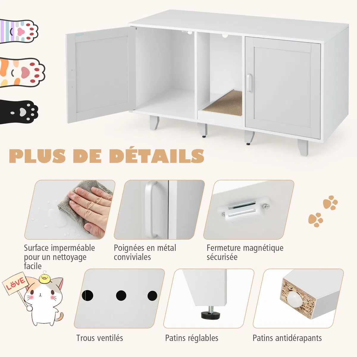 GOPLUS Meuble Litiere Chat 3 en 1, Maison de Toilette Chat en Bois 52x120x65CM, Cache Litiere avec 2 Porte, Pieds Réglables, Planche à Griffer Détachable, Trou de Ventilation, Table TV, Moderne