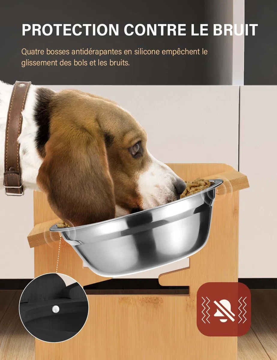Vantic Gamelle Chien Surelevee de 6 Hauteurs Ajustables, Support Gamelle Chien Surelevee, Station d'alimentation en Bambou avec 2 Bols en Acier Inoxydable