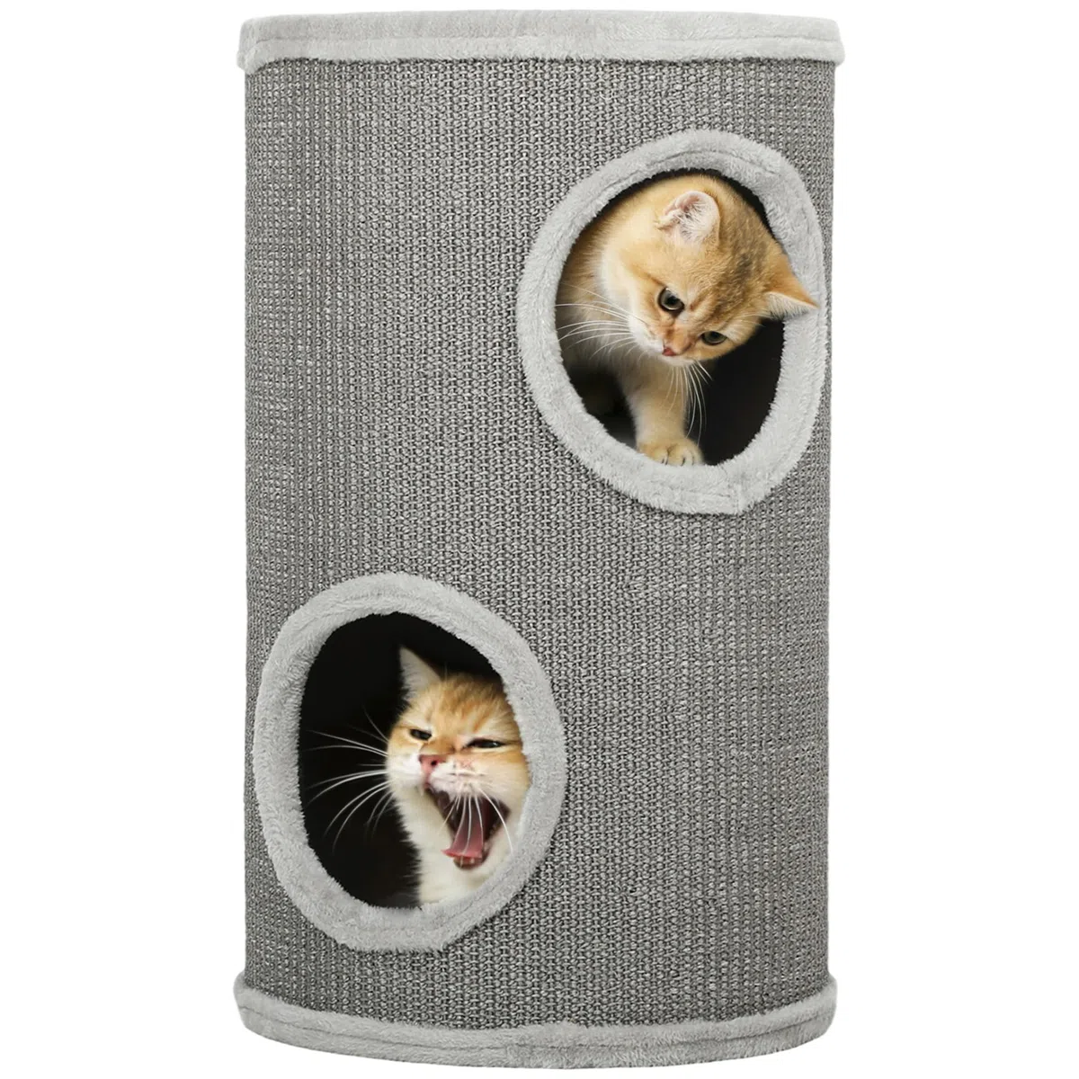 PawHut Arbre à Chat, 60 cm de Haut, Ø 35 cm, Deux étages avec 2 niches, Bordure en Peluche, Tour pour 1 à 2 Chats jusqu'à 5 kg, Gris Clair