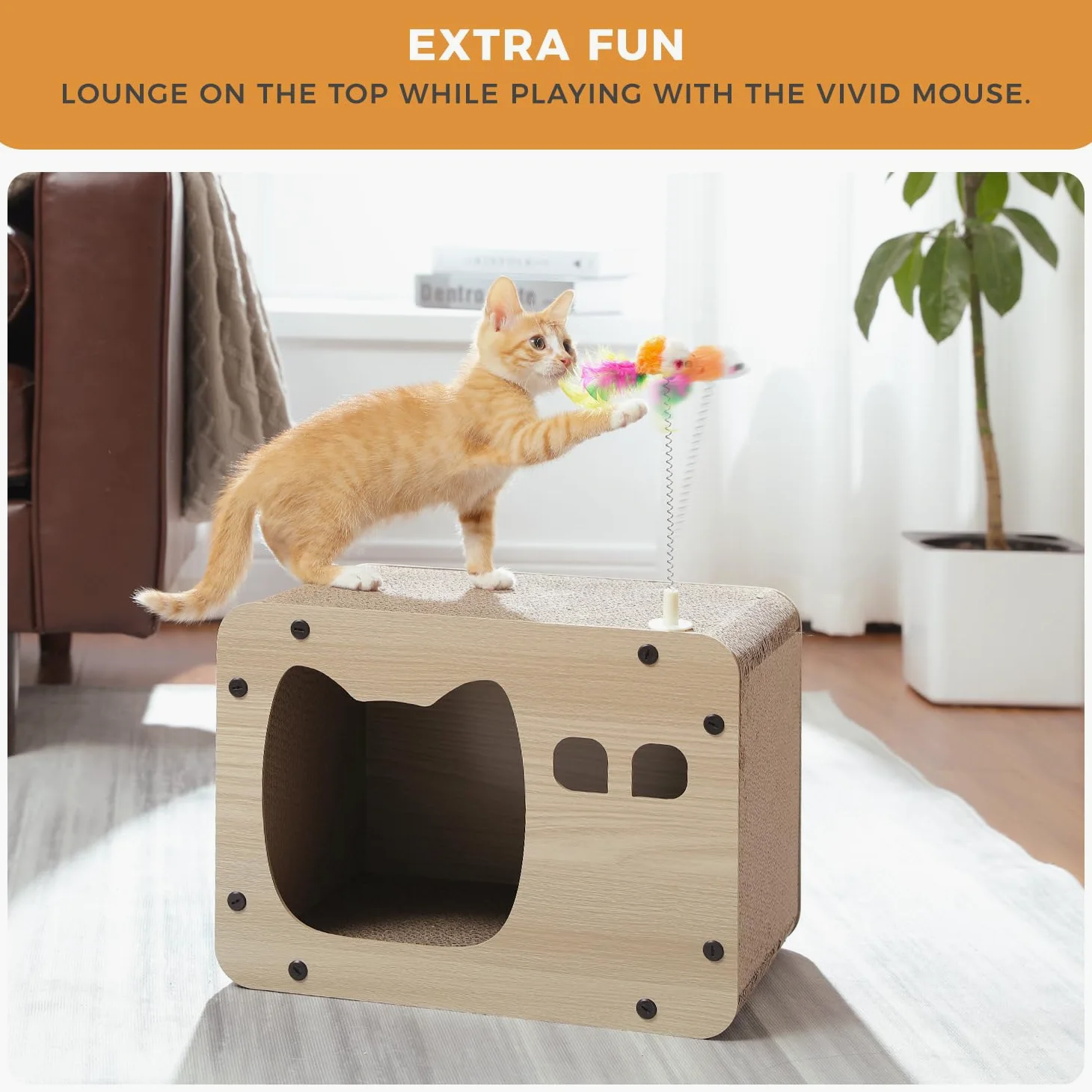 PETEPELA Griffoir pour Chat, Griffoir à Gratter en Carton Ondulé Multifonction 2 en 1, Robuste & Réversible avec Jouet Souris à Ressort, Idéale pour l'Amusement des Chats d'Intérieur (40cm)