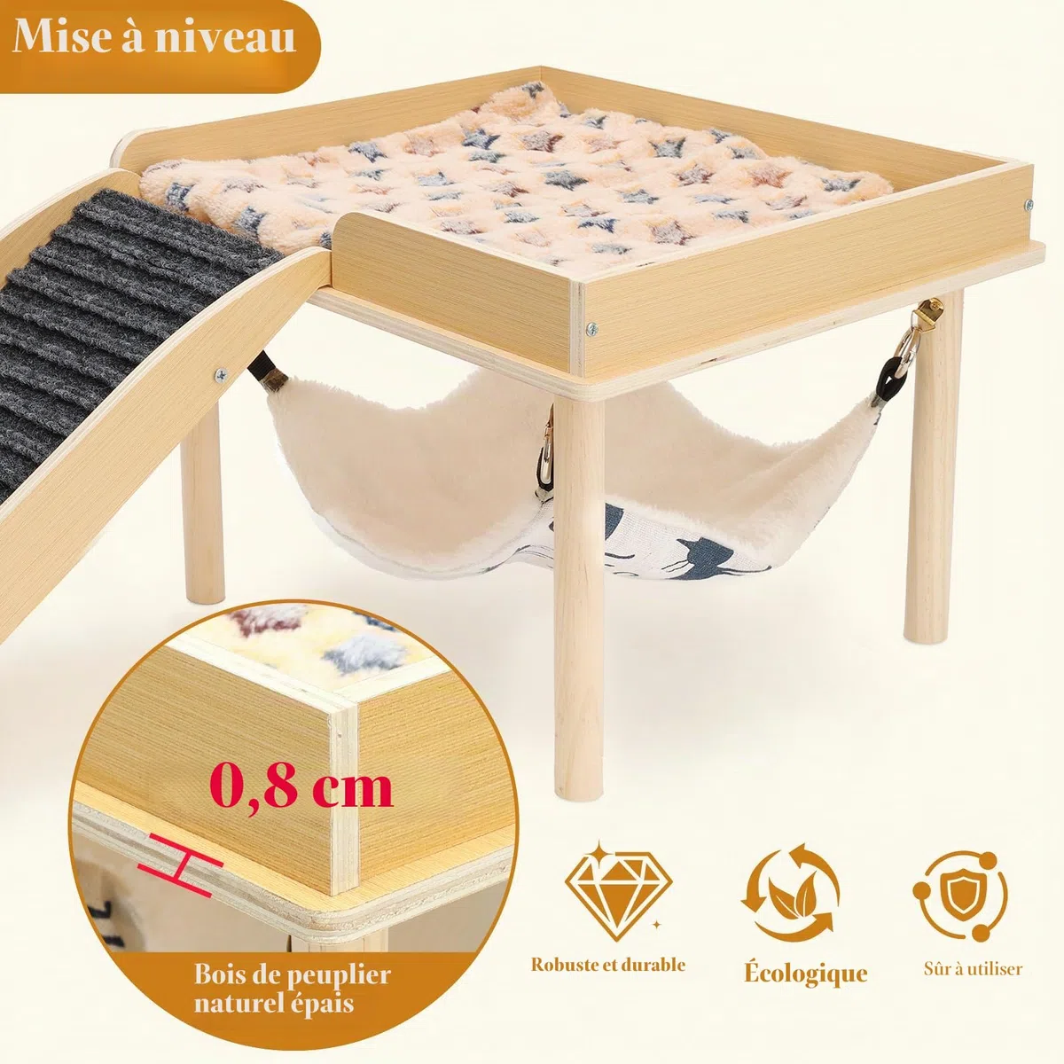 Maison Cochon d'Inde avec Rampe et Hamac, Naturel Cabane Lapin Intérieur, Cachette en Bois Petits Animaux de Compagnie, Hamsters Nains, Chinchilla