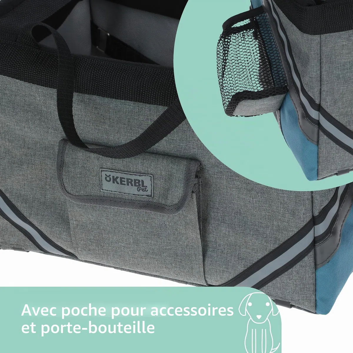 Kerbl Pet Sac de vélo Vacation, Panier pour Chien, Gris, Bleu, 38x29x25cm, Polyester, Petits Chiens, Chats, Coussin de Sol Lavable