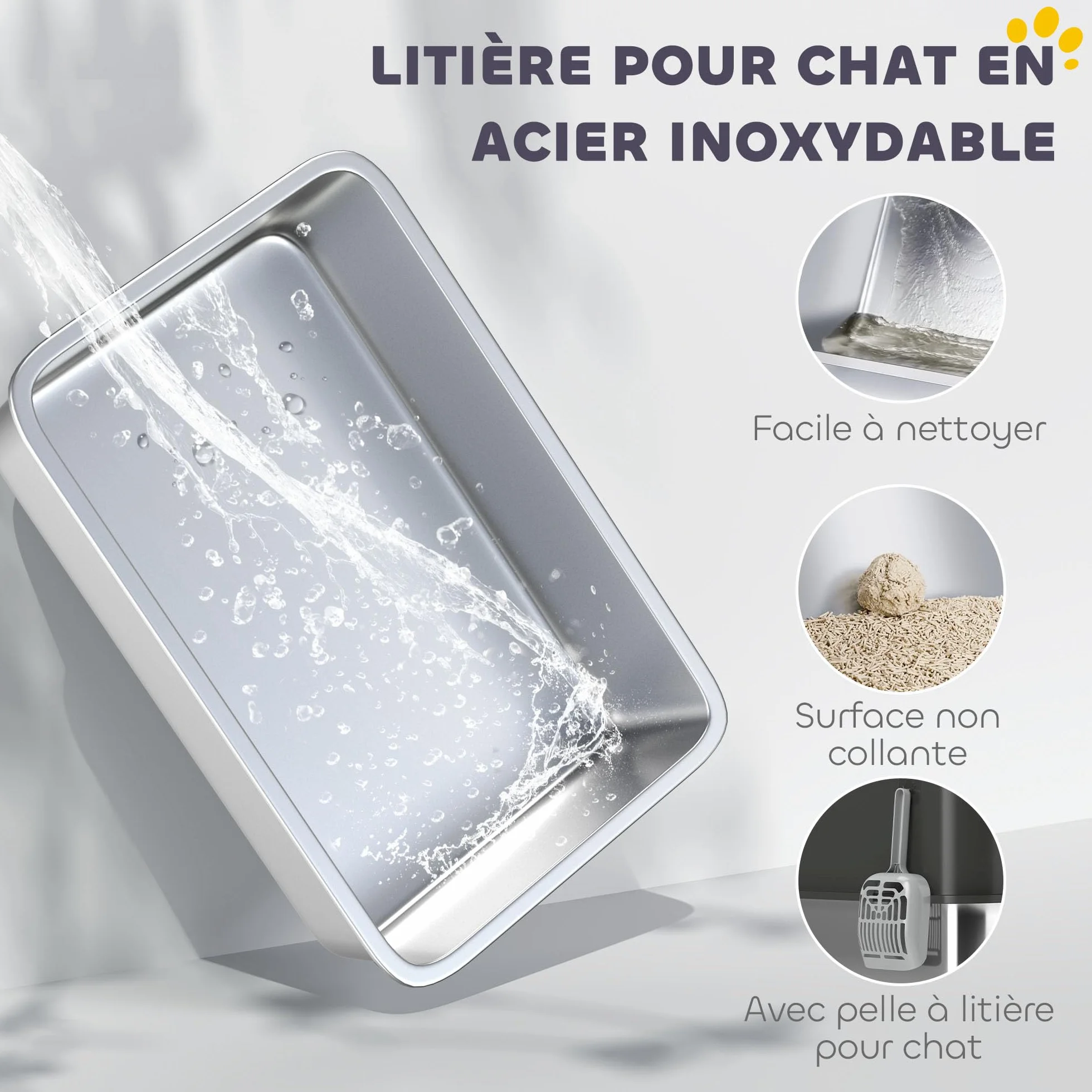 PawHut Bac à litière pour Chat XXL en Acier Inoxydable, 65L Grande capacité, Maison de Toilette pour Chat, avec Pelle et Patins antidérapants, Facile à Nettoyer, 60 x 40 x 38 cm, Noir