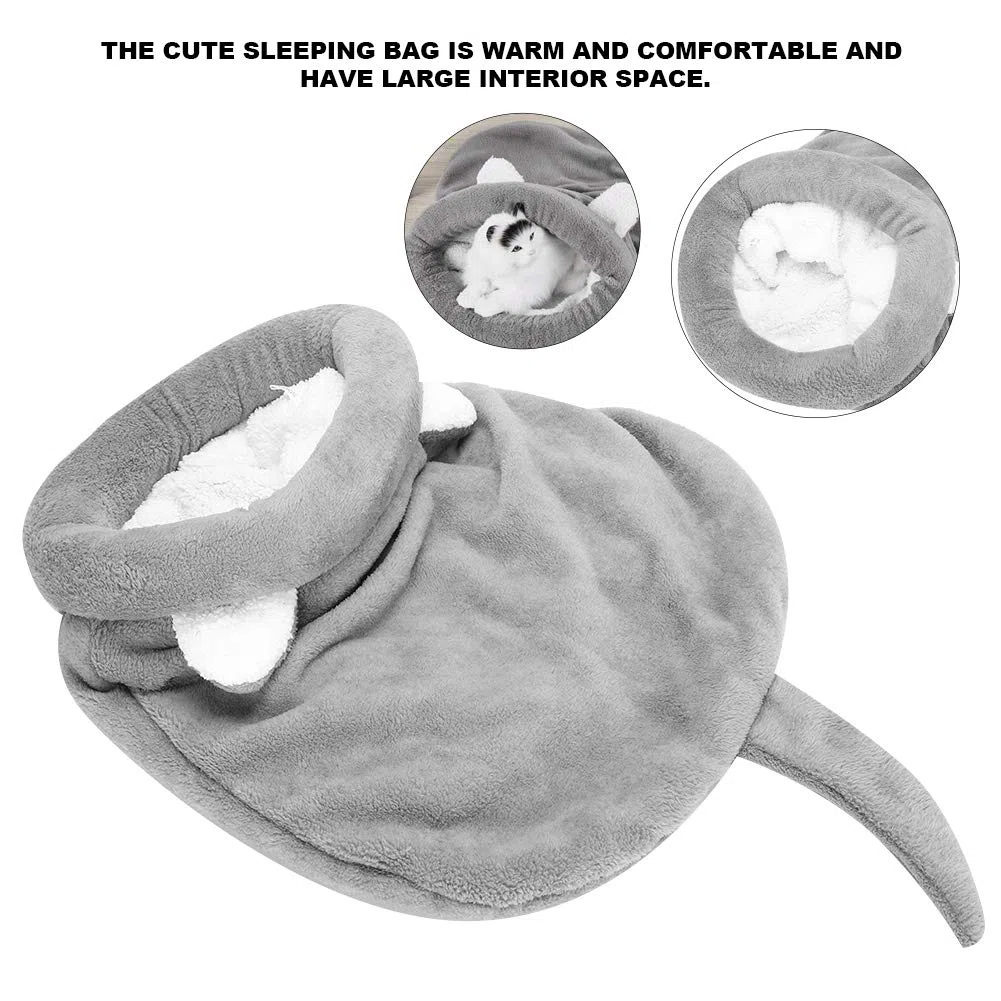 Pssopp Sac de Couchage pour Chat Doux en Peluche Auto-Chauffant Lavable Lits de Chat Câlin Sac Couverture Tapis Kitty Sac pour Chat et Chiot(Gris)
