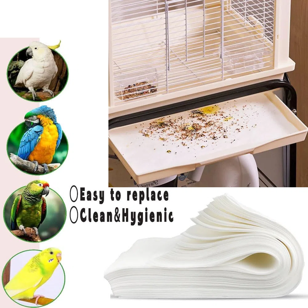 Lot de 100 doublures en papier jetables pour cage à oiseaux, grande taille, prédécoupées, absorbantes, accessoires pour animaux domestiques, oiseaux, perroquets