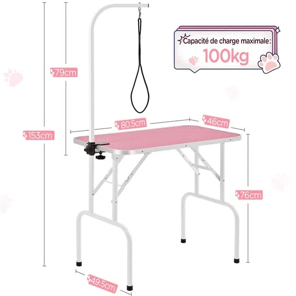 Abician Table de Toilettage pour Chien/Chat/Animaux Table de Toilettage Portable avec Potence Réglable Sangle Plateau Antidérapant 80,5× 46 × 76 cm Charge Maximale de 100 kg Rose
