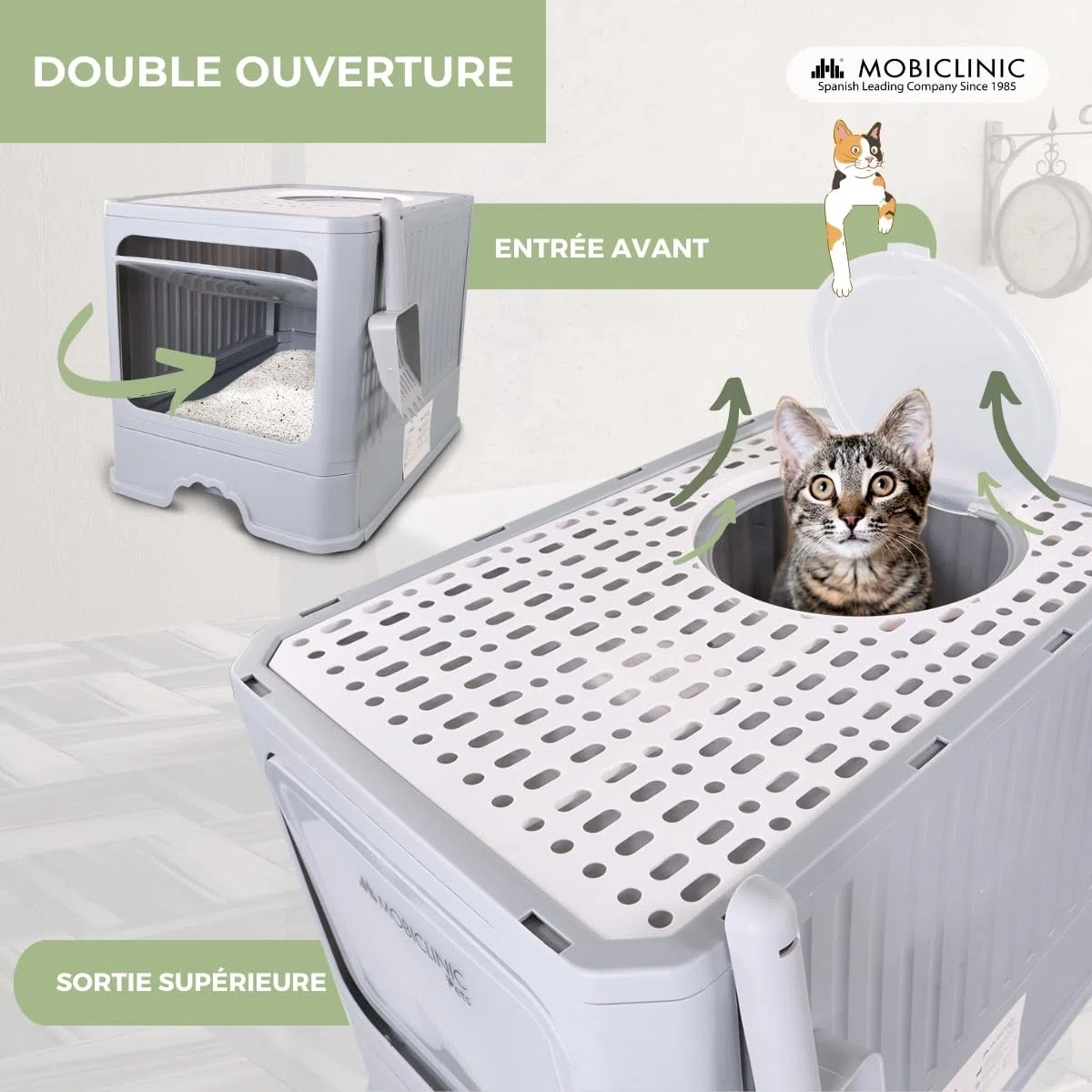 Mobiclinic® Pets, Bac à litière pour Chats Couvert, Tiroir Amovible, Inclus Une Pelle, Catbox, Double entrée Frontale et supérieure avec Couvercle, Grille, Démontable