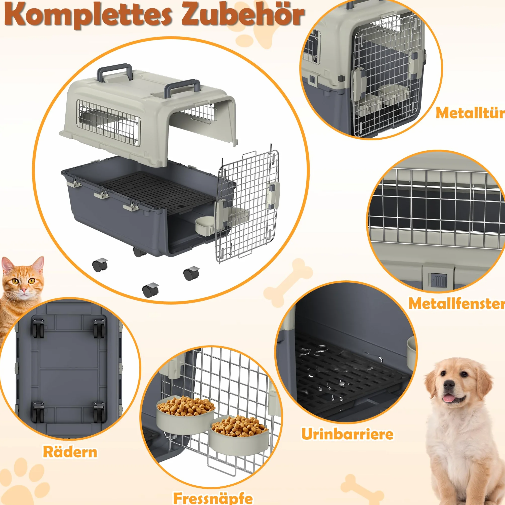 Froadp Boîte de transport pour animaux de compagnie, chien, chat, en plastique PP, 80 x 57 x 70 cm, avec roulettes, espaceurs d'urine et gamelles suspendues