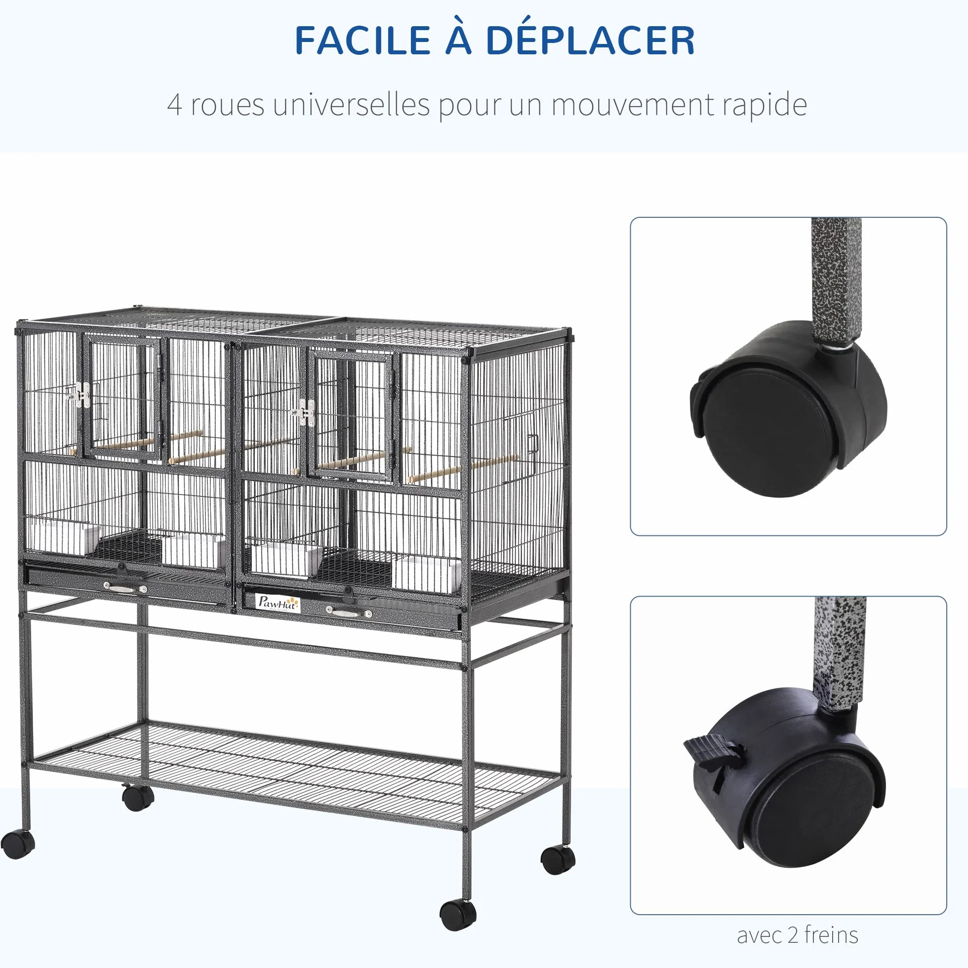 PawHut Cage à Oiseaux avec séparation mangeoire et perchoir 95L x 45,5l x 102H cm Noir et Gris