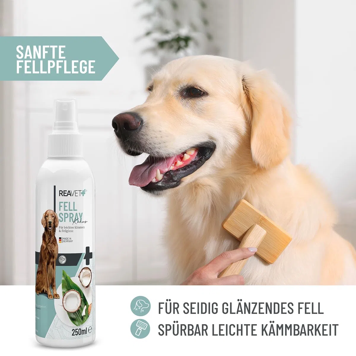 ReaVET Spray d'entretien pour le pelage à la noix de coco 250 ml – Spray doux pour chiens et chats – Spray démêlant & aide au peignage – Avec spray de coco et huile de coco