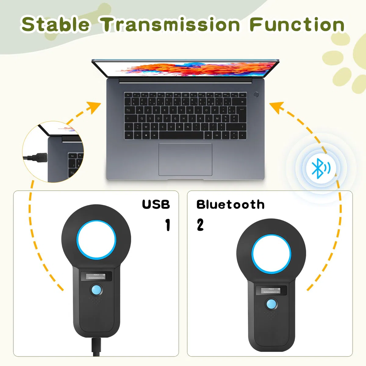 Lecteur d'identification pour animaux de compagnie, lecteur de puce Bluetooth pour animaux, lecteur de puce RFID 134,2 kHz 125 kHz avec écran OLED lumineux, capacité de stockage de 128 étiquettes