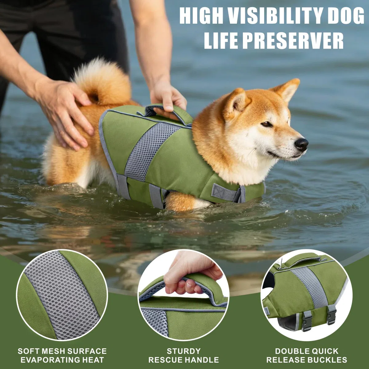 Gilet de Sauvetage pour Chien Haute Flottabilité, Gilet Sauvetages pour Chien de Requin Réfléchissant Sécurité pour Animaux Compagnie Maillot Bain (Vert, XS)