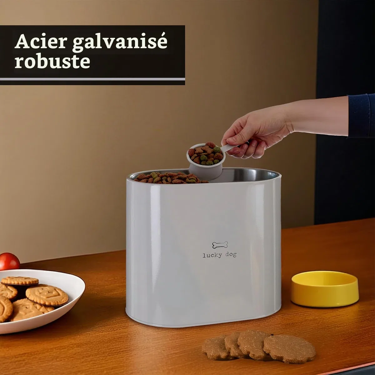 Boîte de Stockage de Nourriture pour Chiens avec Cuillère , Métal, Naturel, 6.5 L