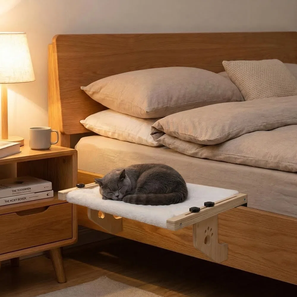 Hamac Chat Radiateur Mural, Transat pour Chat Intérieur Bois, Hamac Chats Suspendus 55x38x16.7 cm, Panier Chats à Suspendre sans Perçage, Charge Lourd de 20 KG, pour Fenêtre Bureau Balcon Porte