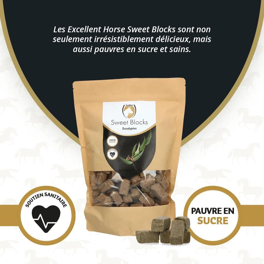 Excellent Horse Sweet Eucalypta Blocks – Bonbons pour chevaux – Sans sucre – Saveur eucalyptus – Morceaux – Récompense – 1 kg