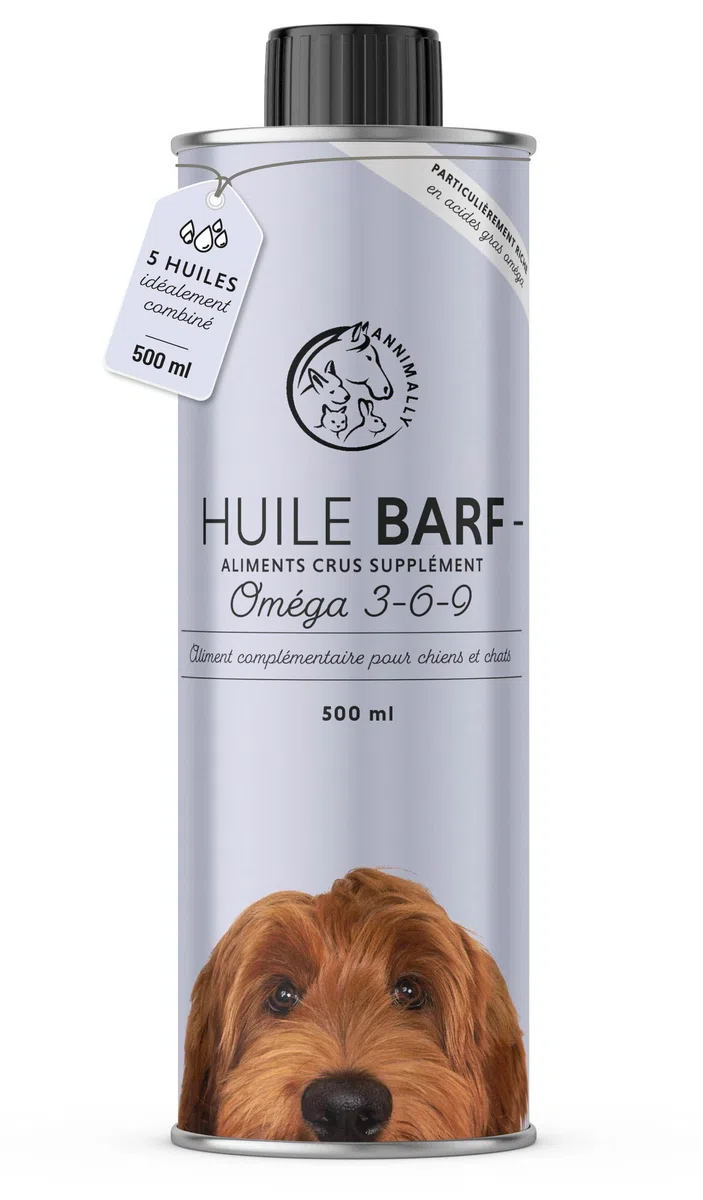 Huile BARF pour chiens 500ml Huile Barf avec Omega 3-6-9 à partir de: huile de saumon, huile de colza, huile de chanvre et huile de bourrache - huile alimentaire pour chien comme garniture alimentaire