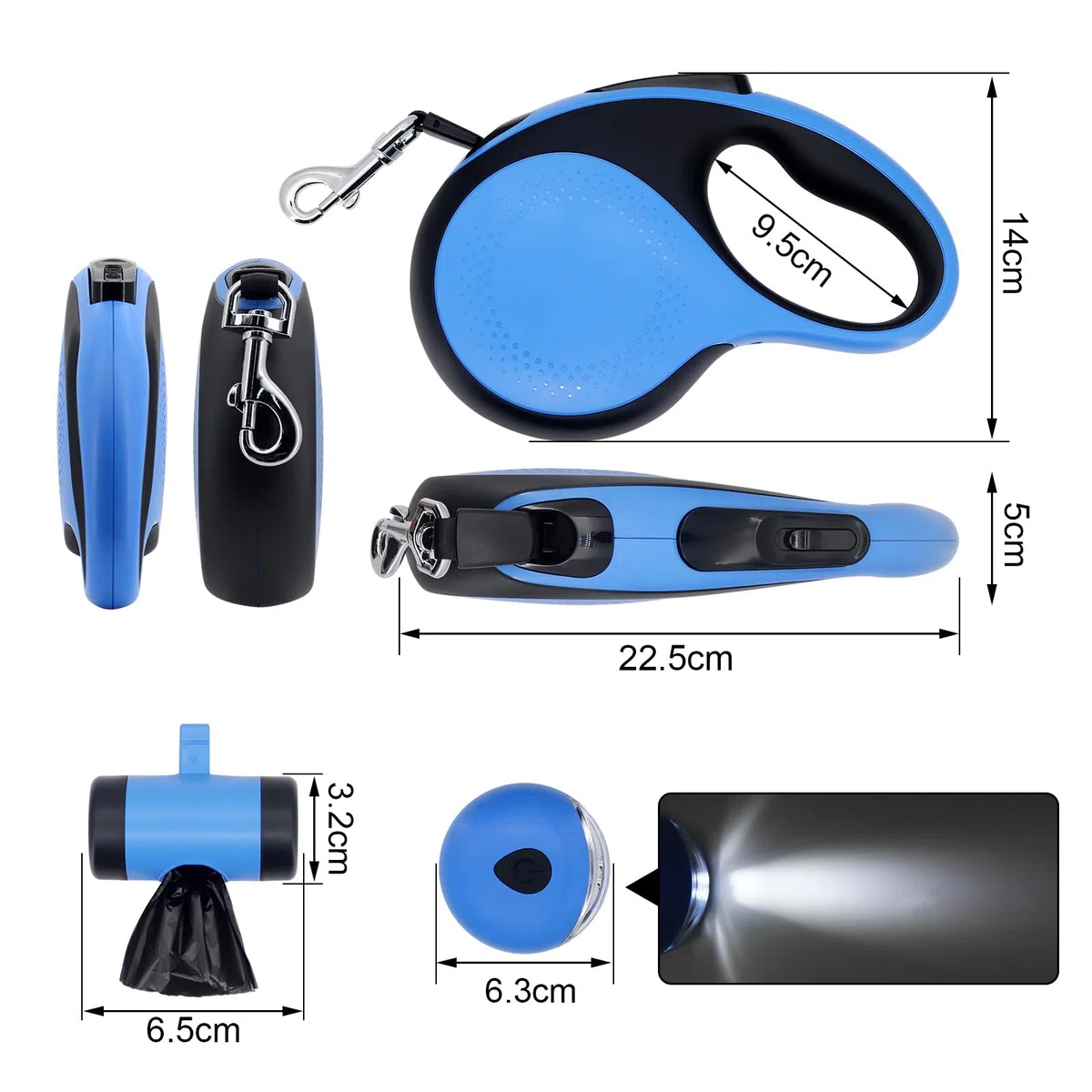Laisse rétractable pour Chien 8M,avec Lampe de Poche LED, avec Support Sac à déjections Canines,Laisse de Dressage Automatique pour Chien jusqu'à 110 LB (50 kg) (Bleu)
