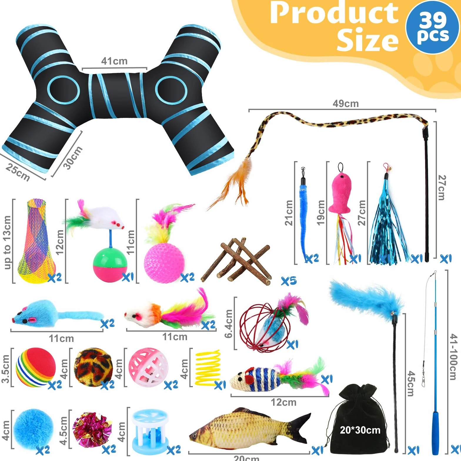Kit Jouets Chat 39 pièces Interactif, Jeux Chaton, pour Animaux Domestiques Toys Minou avec Tunnel,Plume,Poisson,Souris,Balle