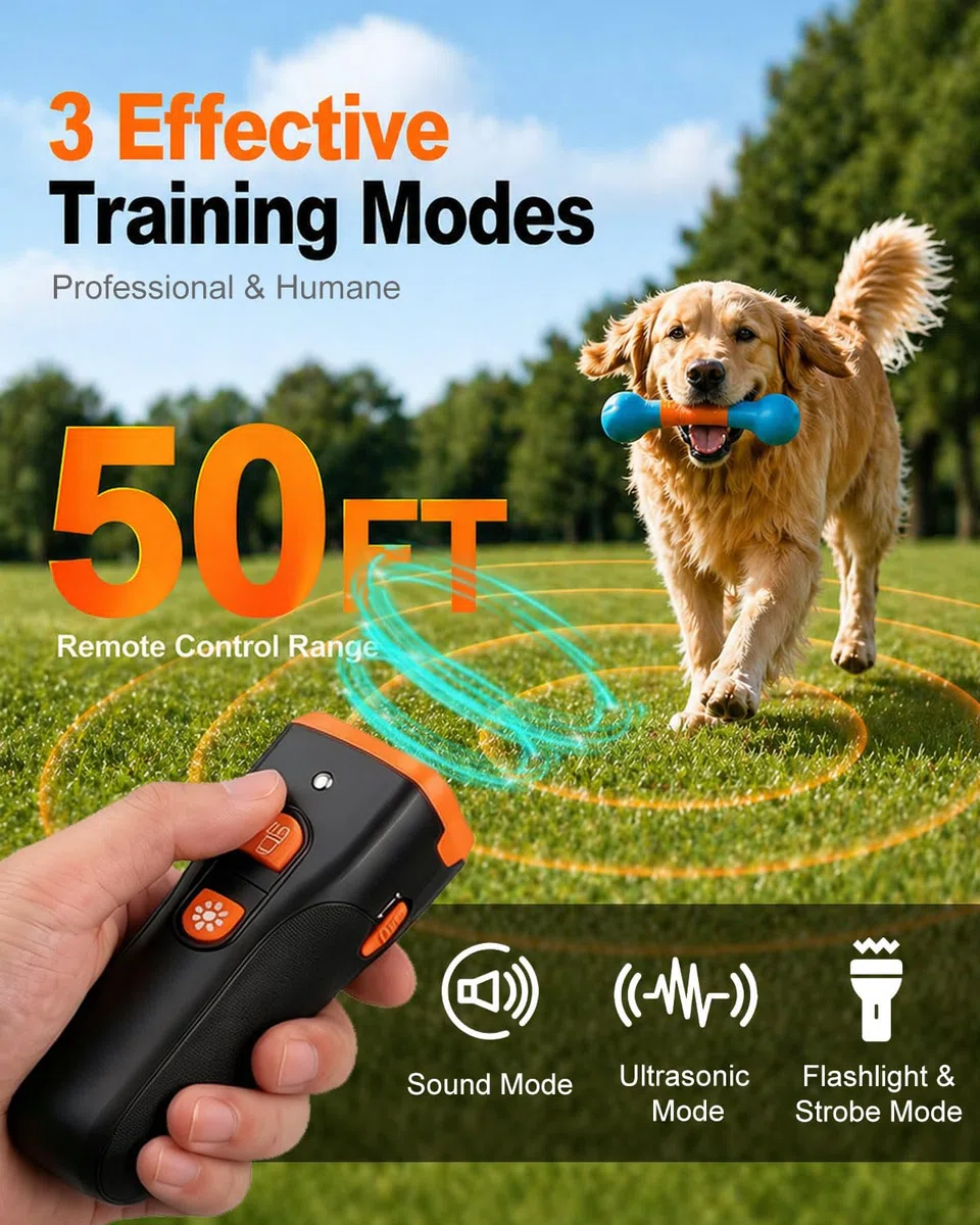 Dispositif de Dissuasion d'Aboiement pour Chien, Appareil Ultrasonique Anti-Aboiement Sécurisé pour Chiens de Toutes Tailles, Dresseur Canin Rechargeable et Portable, Portée 50ft, Intérieur &Extérieur