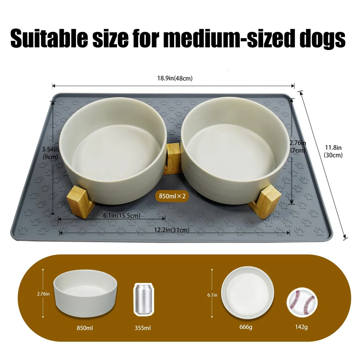 Gamelle Chien Ceramique avec Support en Bambou et Tapis Antidérapant pour Chiens de Taille Moyenne(850ml, 2Gris)