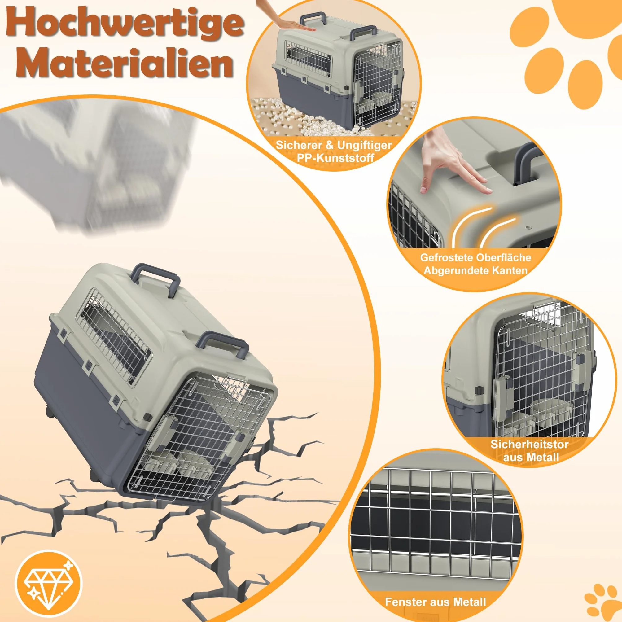 Froadp Boîte de transport pour animaux de compagnie, chien, chat, en plastique PP, 80 x 57 x 70 cm, avec roulettes, espaceurs d'urine et gamelles suspendues
