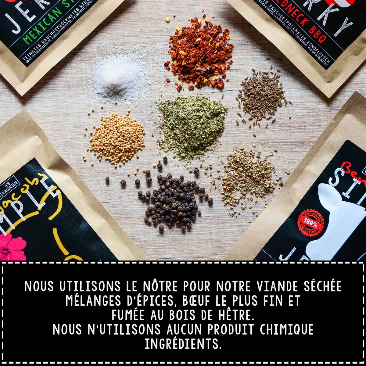 Beef Jerky Big Sample Box 5 x 50g, bœuf nourri à l'herbe autrichien de qualité supérieure, sans additifs ni conservateurs (Mixed Flavors)