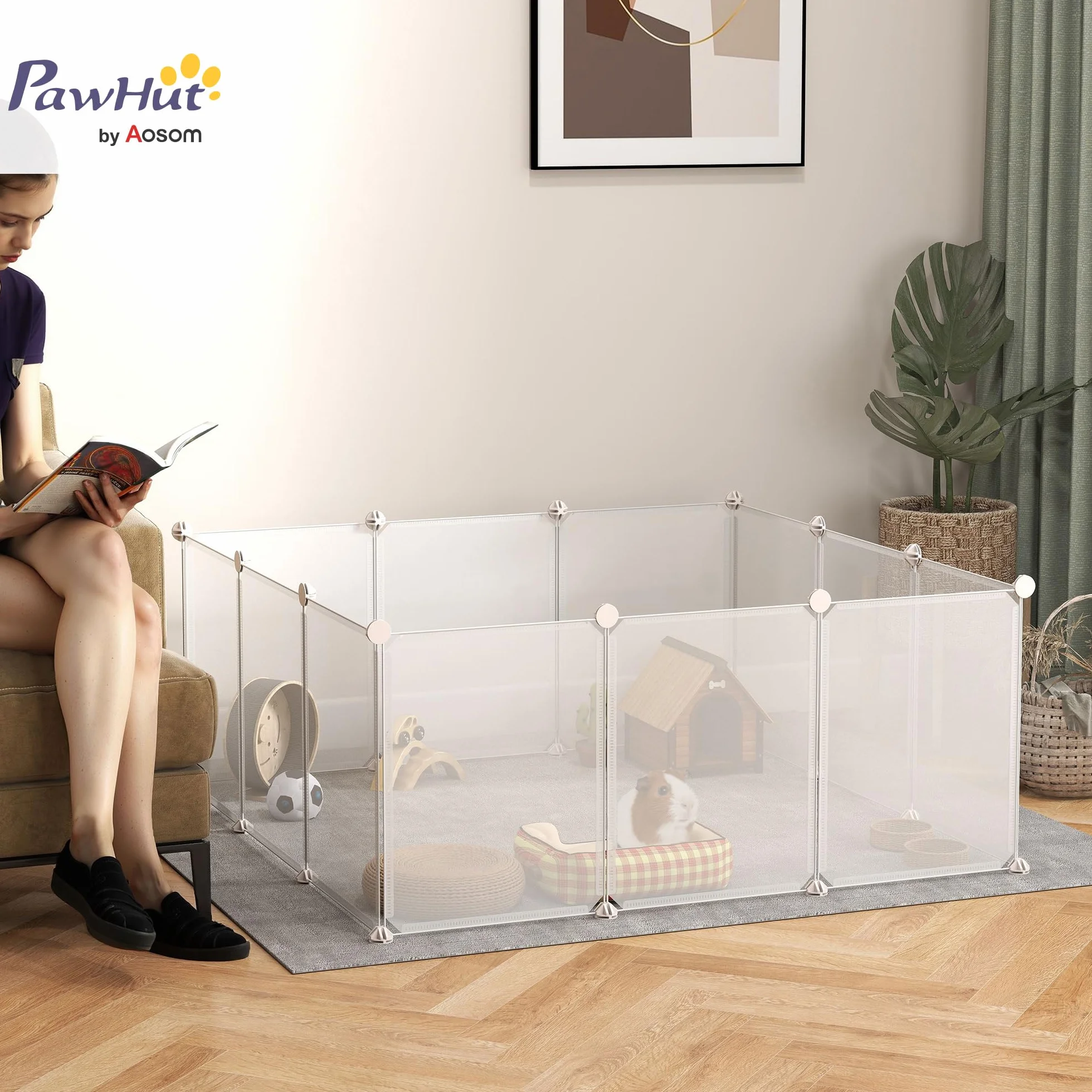 PawHut Enclos Parc modulable pour Petits Animaux 12 Panneaux pour Chiot, Cochon 105 x 105 x 45 cm Blanc