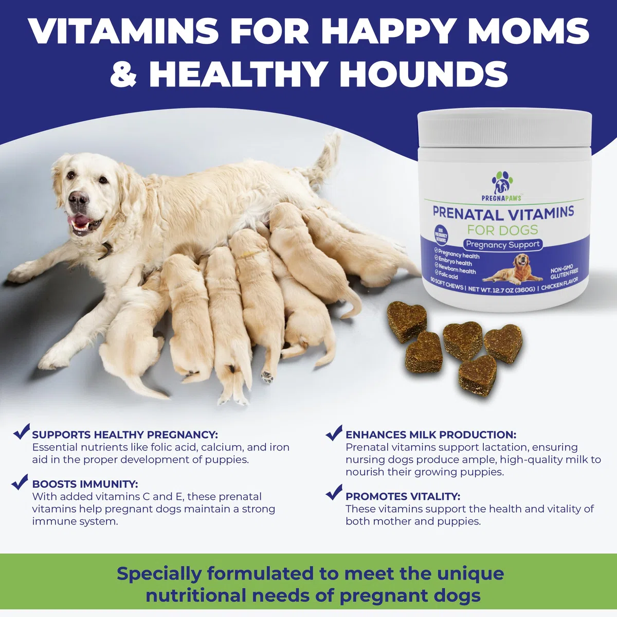 Complément Grossesse pour Chiens – Vitamines Prénatales Naturelles pour Mamans et Chiots en Bonne Santé – Acide Folique, Fer, Calcium – 90 Comprimés à Croquer au Goût Poulet