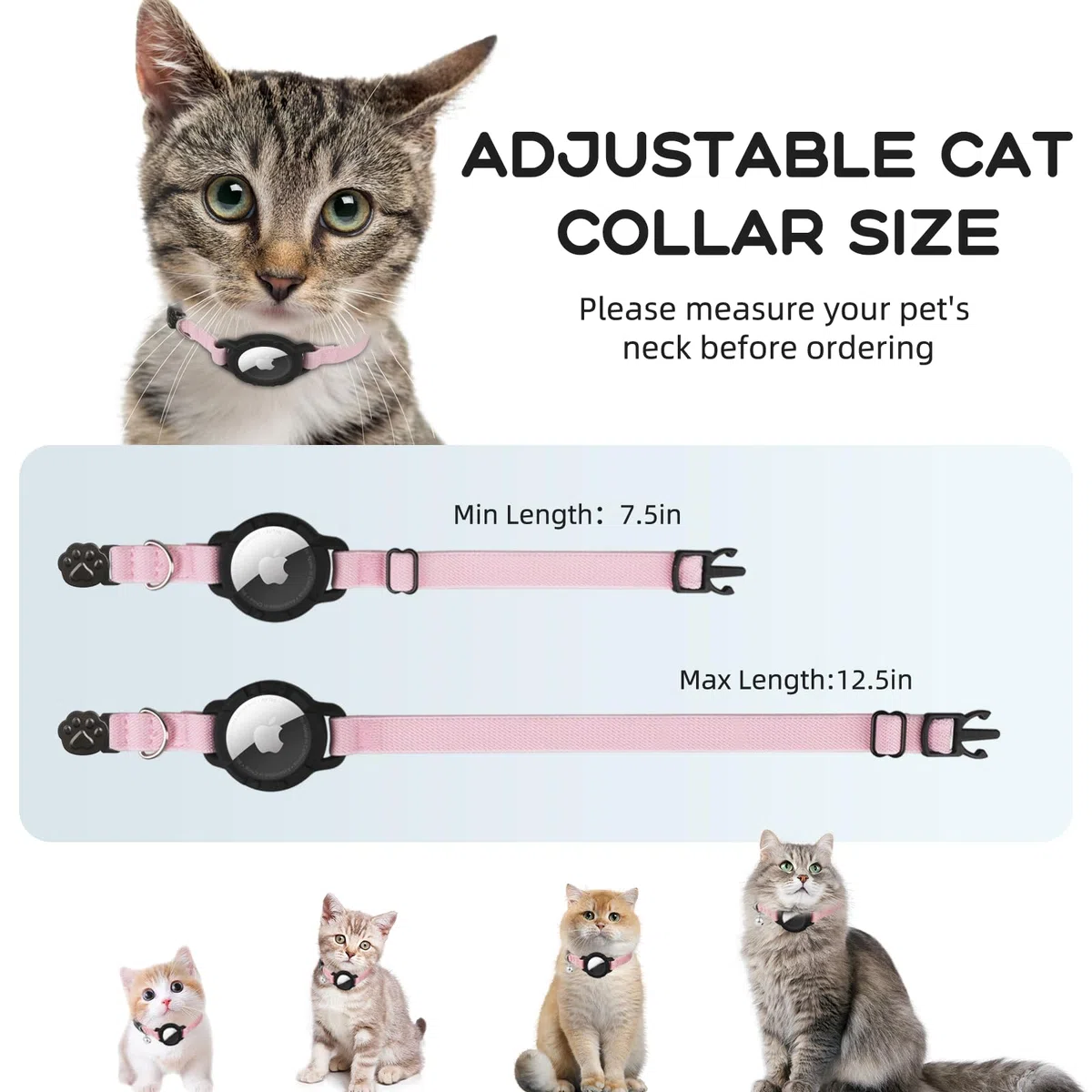 Collier pour Chat AirTag, Collier Extensible pour Chaton avec Support pour Apple Air Tag et Clochette, Collier de Chat avec Design Détachable Ultra Élastique et Suivi GPS pour Chats et Chiots (19-32