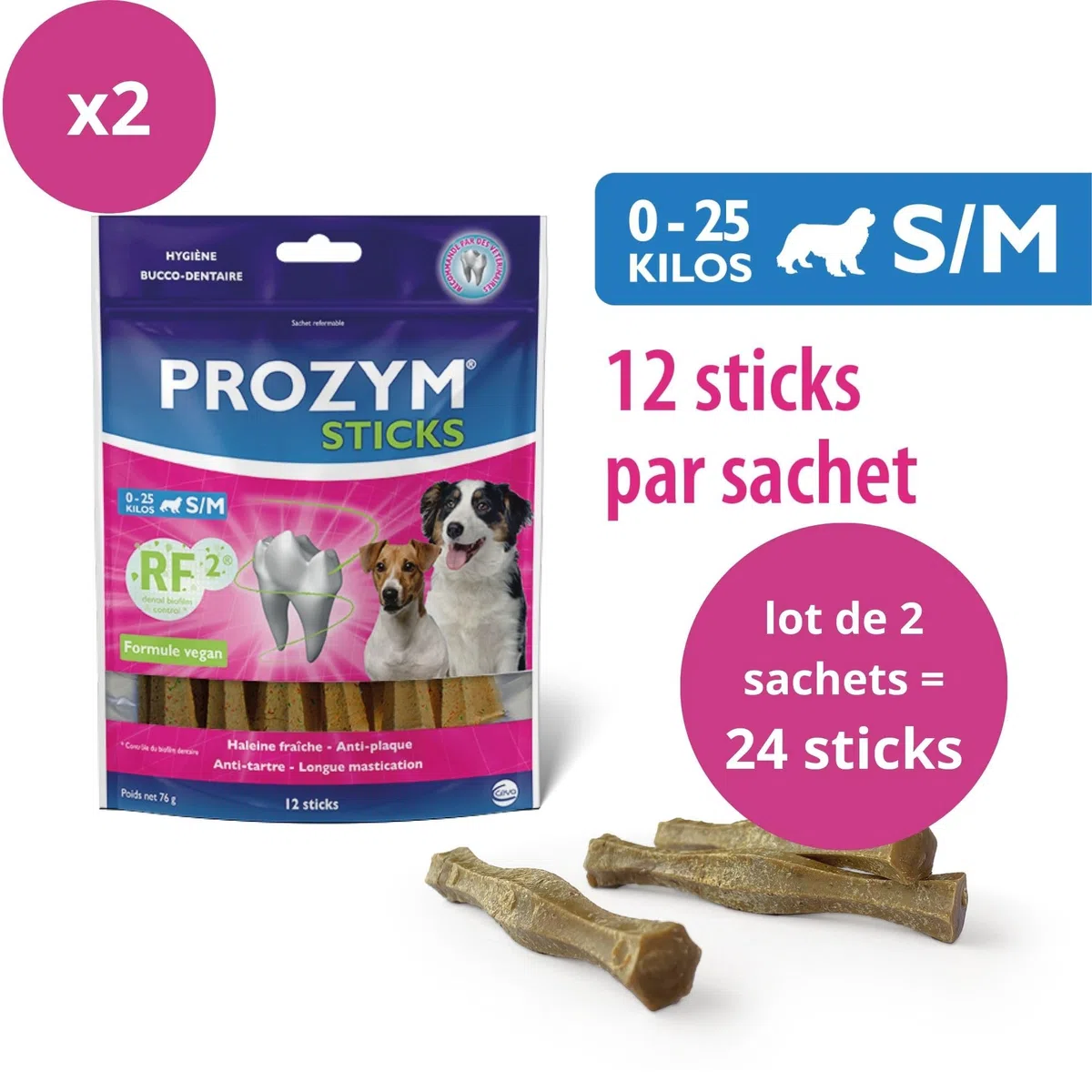 PROZYM RF2 Pack 2x12 Sticks - Spéciale Hygiène Dentaire Naturelle - Recommandé par des Vétérianire - Formule Vegan pour Chien - 24 Sticks (-25kg)