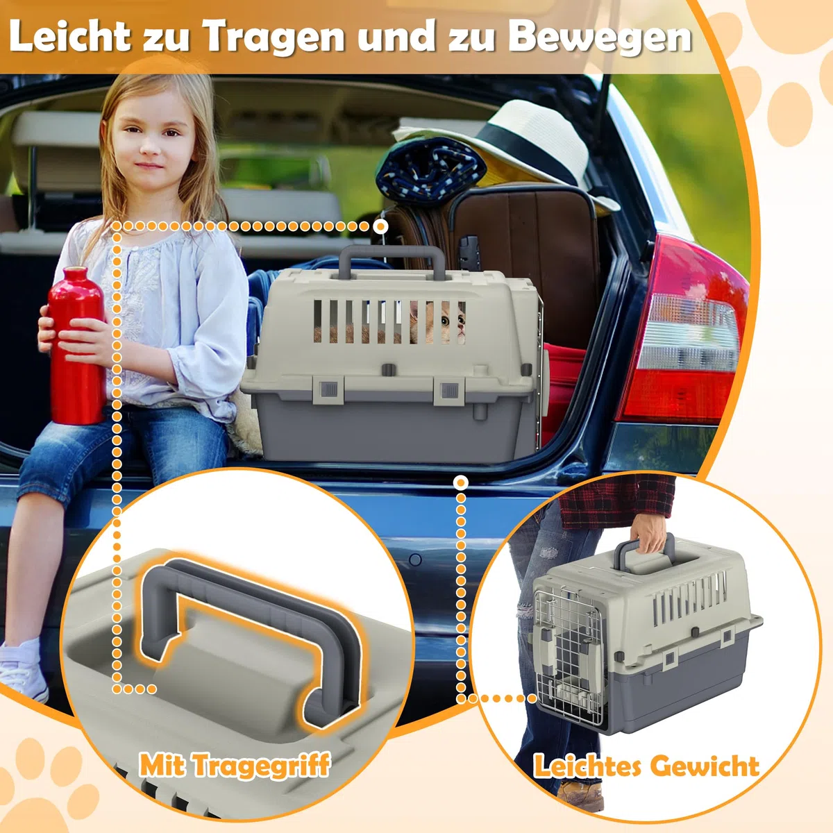 Boîte de transport en plastique pour chien et chat - 60 x 39,5 x 44 cm - Avec récipient de nourriture et séparateur d'urine - Boîte de transport pour animaux - Gris foncé