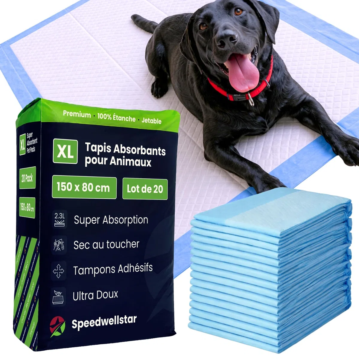 Alèses pour Chiots et Chiens Extra Grandes 150 x 80 cm, 2300 ML, Étanches, Séchage Rapide, Antidérapantes, Tapis d’Apprentissage et de Toilette pour Chiens et Animaux – Lot de 20 par Speedwellstar