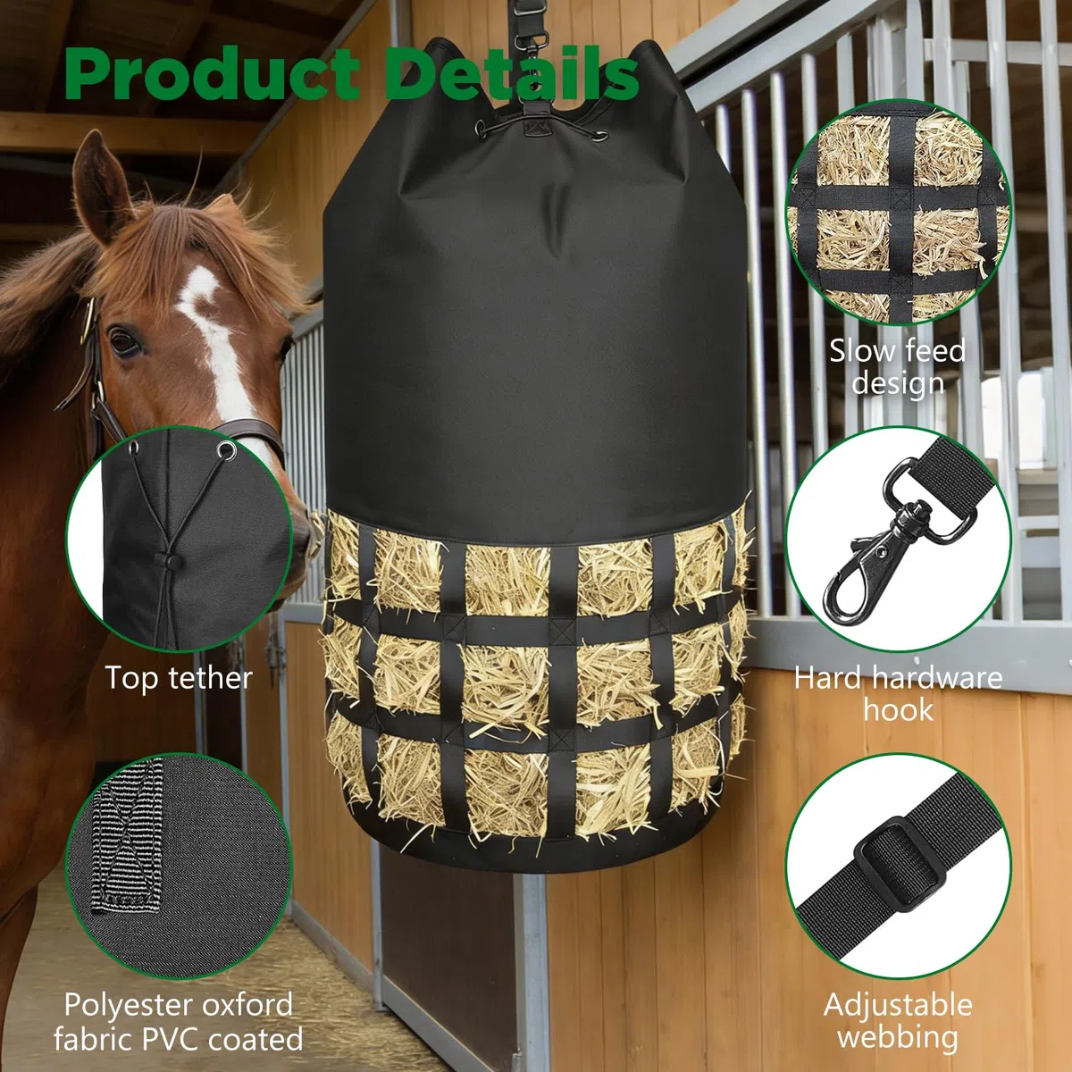 Filet à Foin pour Chevaux à Mailles serrées, Filet à Foin pour Chevaux | Sac XXL 10 kg, Mailles 6,5 cm | Robustesse élevée pour écurie/Paddock/Transport