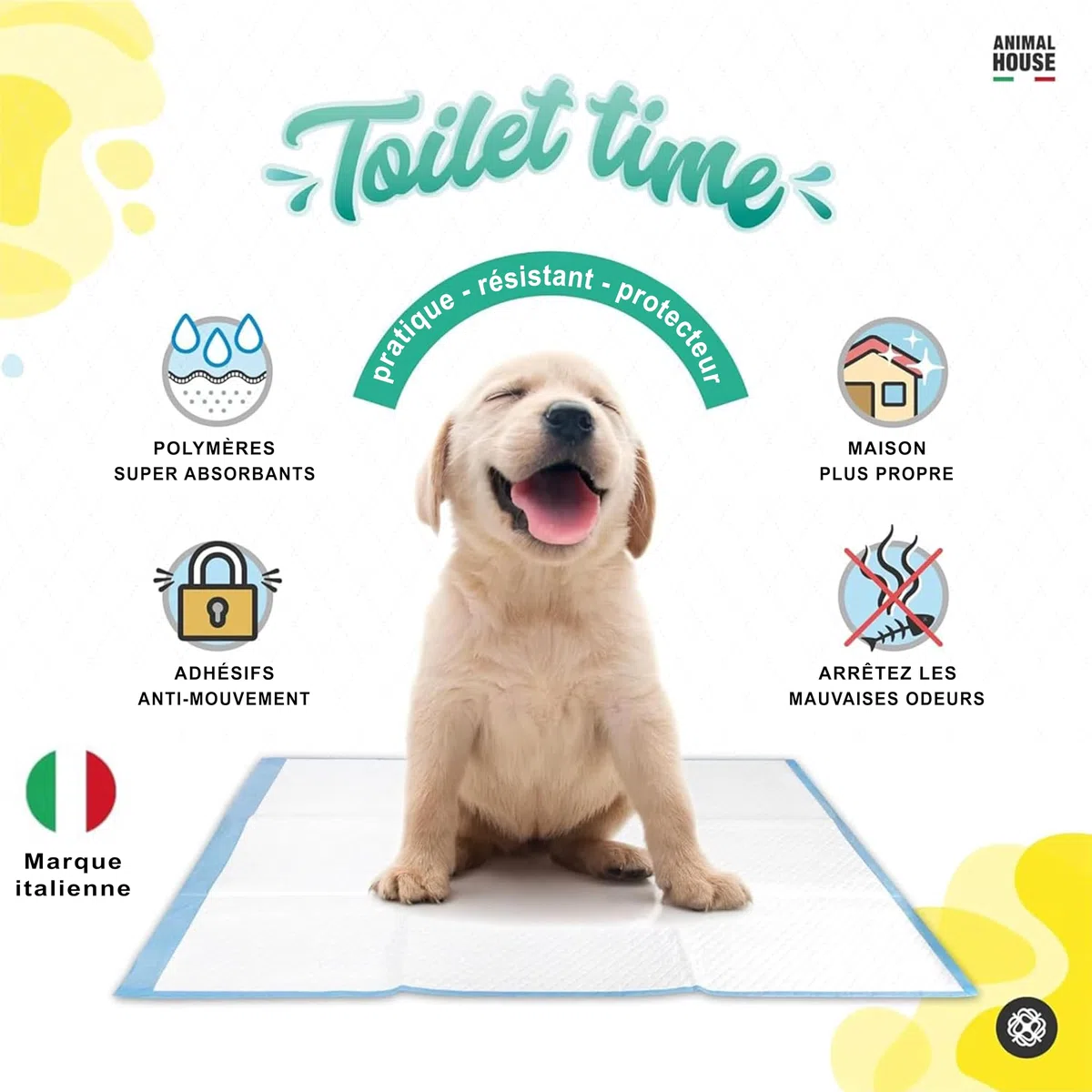 Animal House - 40PCS Tapis Hygiéniques Absorbants Camomille - Haute Absorption - sans Poussière - Retient Les Odeurs - Protège la Maison - (60x60 cm 40), Blanc/Bleu