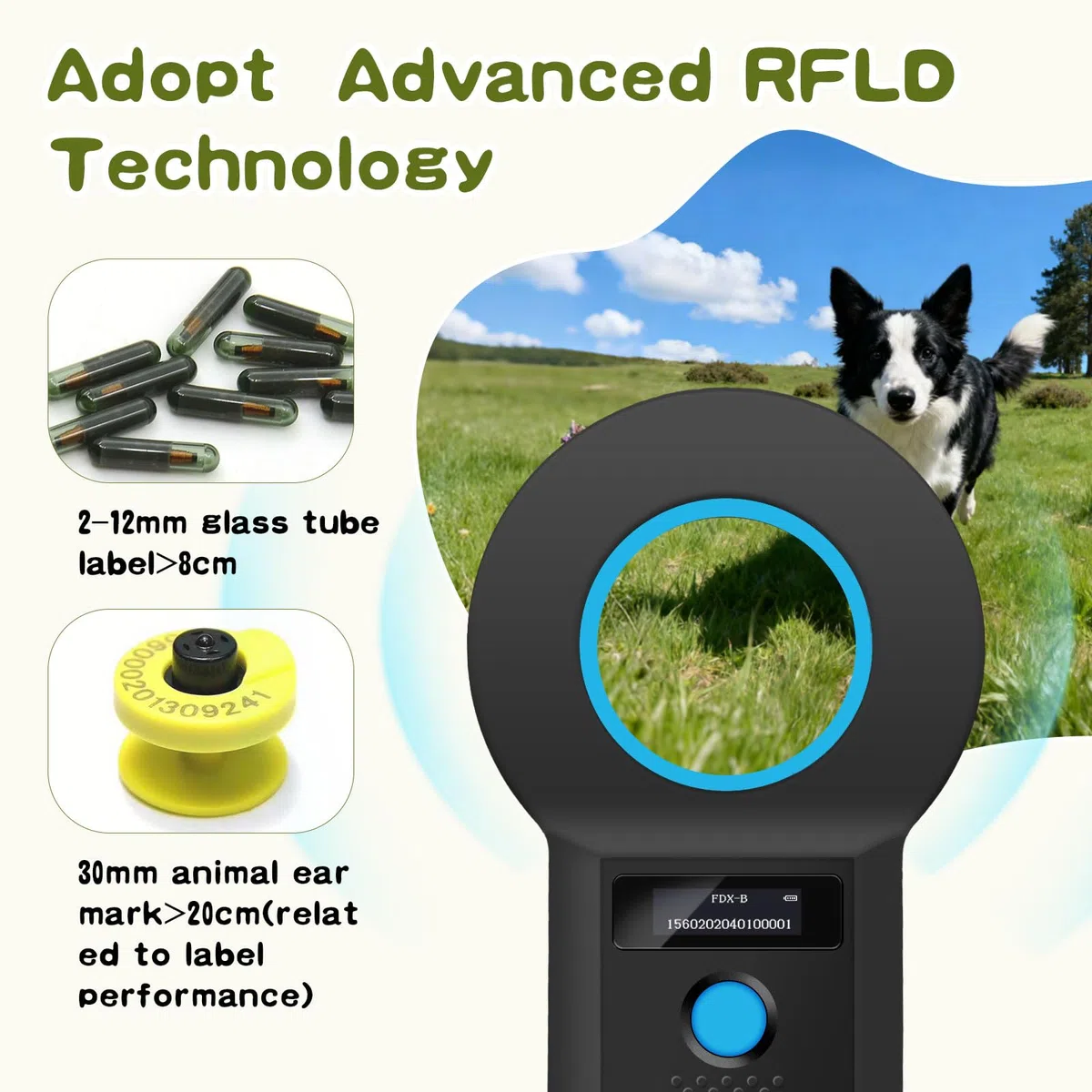 Lecteur d'identification pour animaux de compagnie, lecteur de puce Bluetooth pour animaux, lecteur de puce RFID 134,2 kHz 125 kHz avec écran OLED lumineux, capacité de stockage de 128 étiquettes